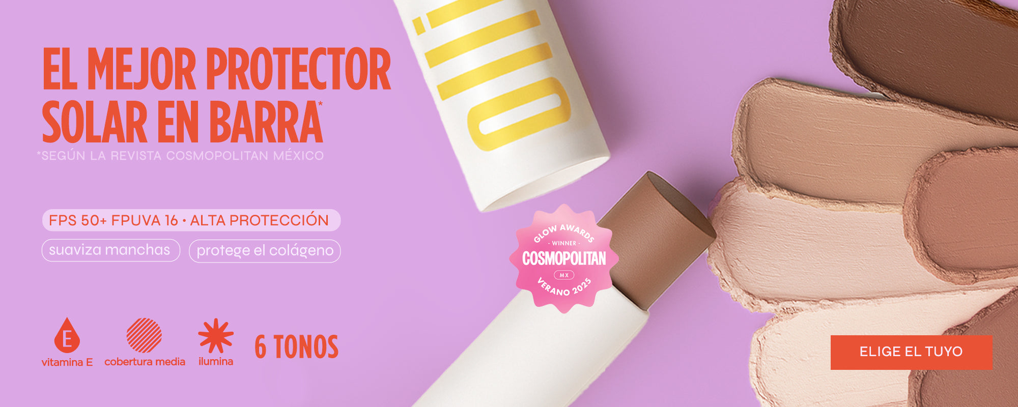 Protector solar en barra Ollie con color, seis tonos y alta protección mejor protector solar en barra premiado por Cosmopolitan Mexico
